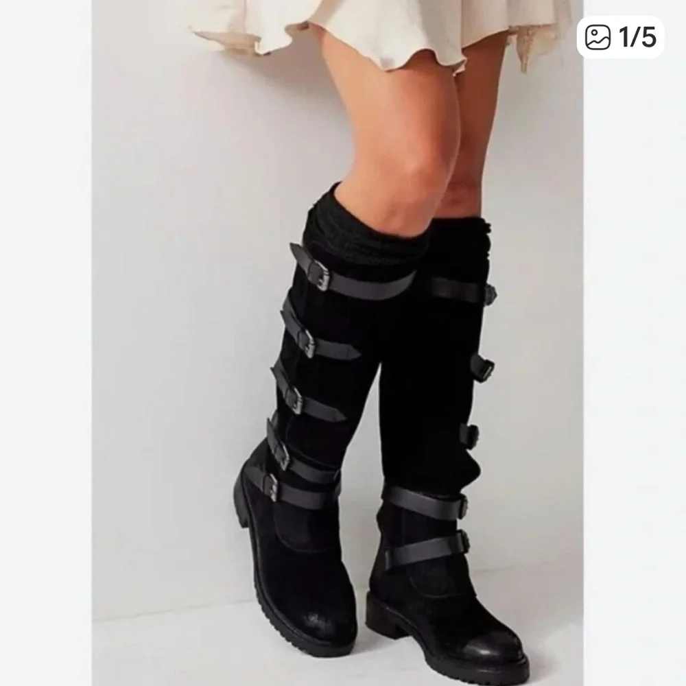 New Free People Tristie Buckle Strap Knee-High Biker Boots Black Leather US 9